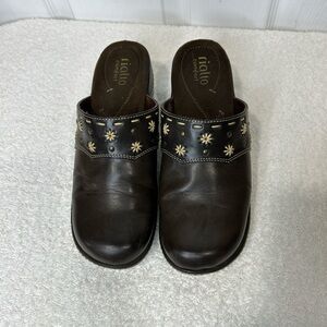 Rialto Brown Leather Slip-On Clogs with Floral Stud Accents